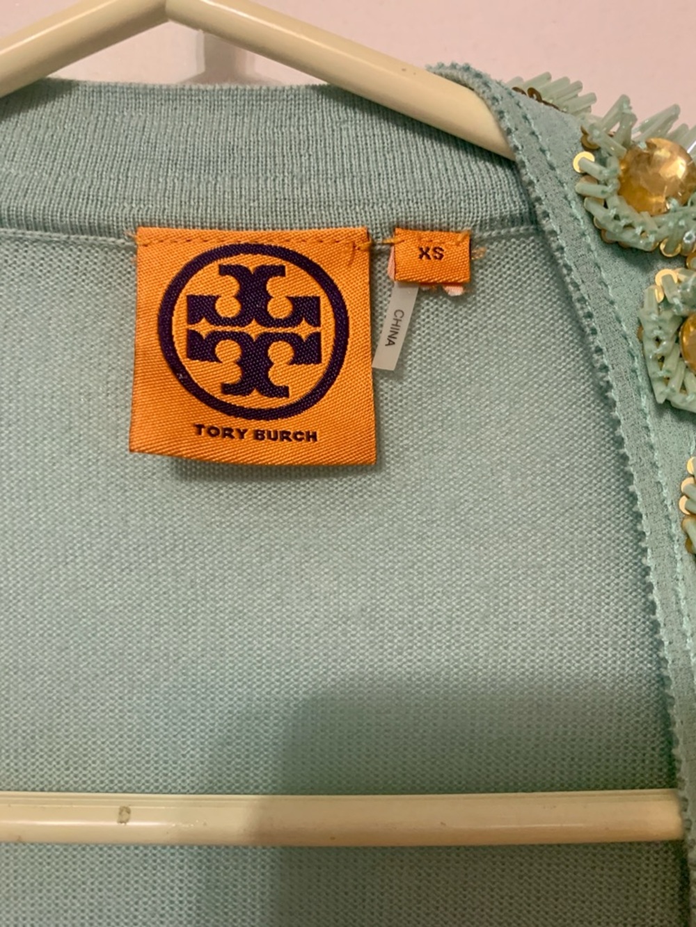 Tory Burch Mint Green Open-Front Embellished Cardigan - Picture 3 of 4